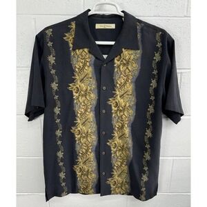 Tommy Bahama 100% Silk Button Front Gold Black Floral SS Short / Men's Medium